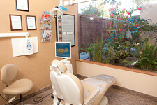 Dental chair at La Jolla Dental with view of a garden