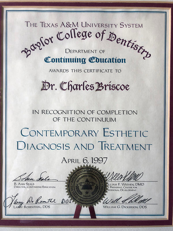 Baylor College of Dentistry award for the completion of Contemporary Esthetic Diagnosis and Treatment 1997